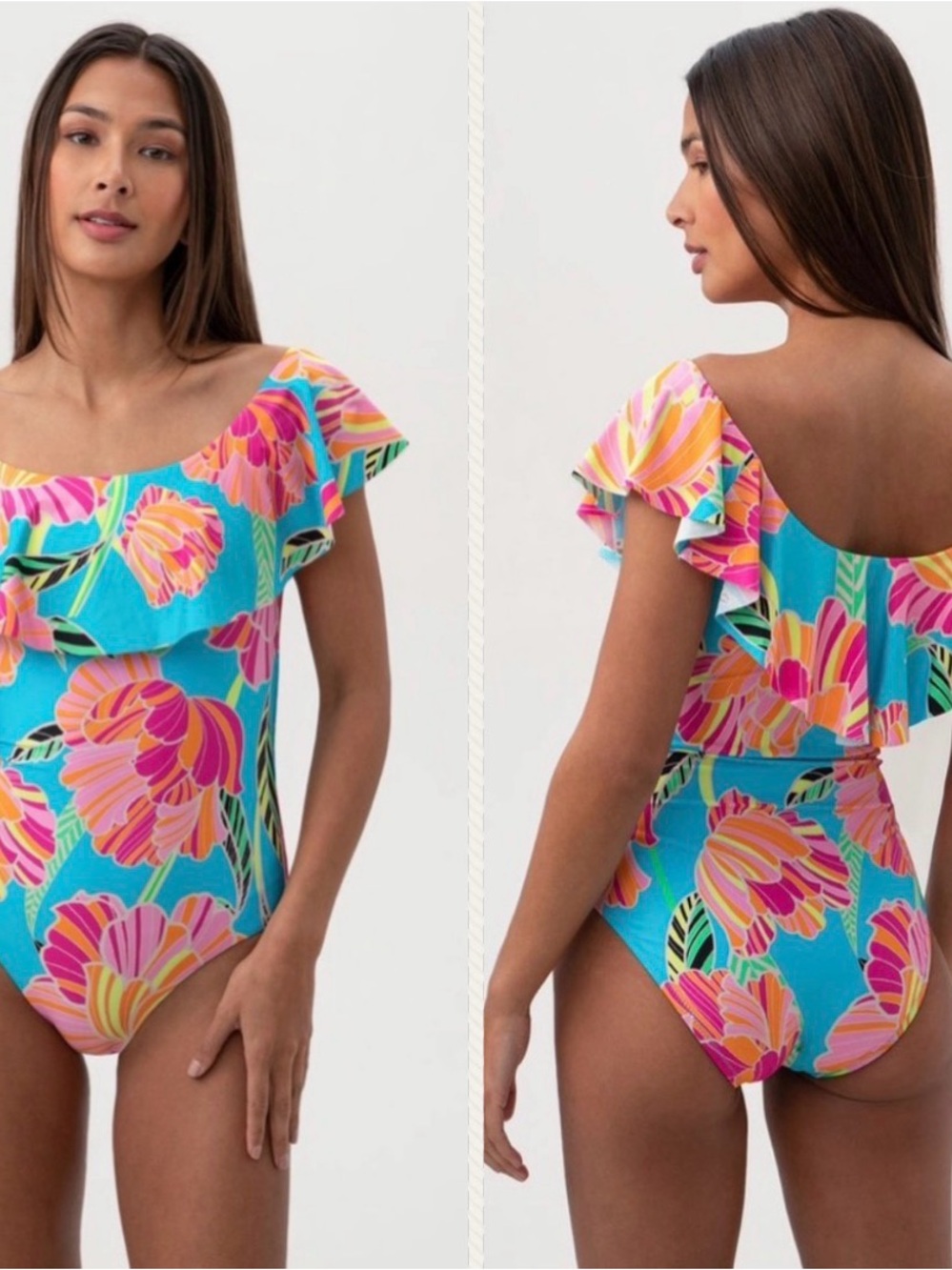 Trina Turk Poppy top Ruffle Off-the-shoulder neckline in a vibrant floral print.